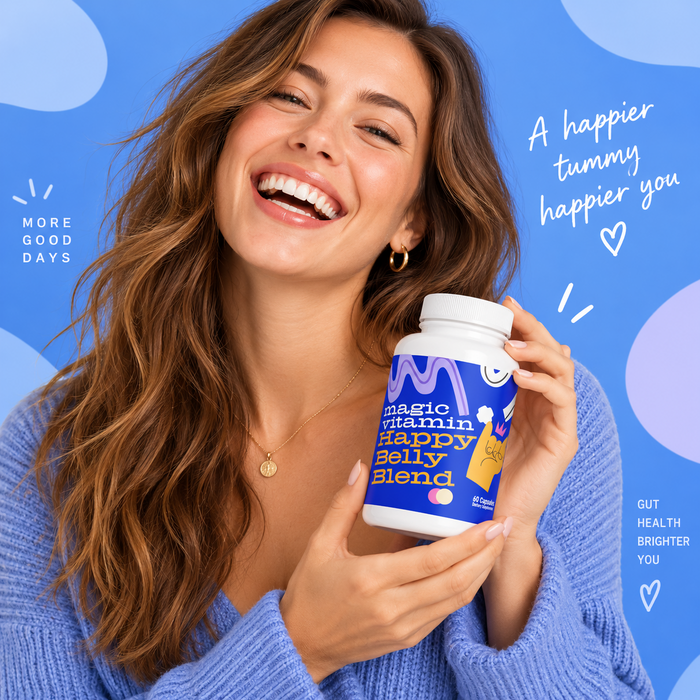 Woman holding Magic Vitamin Happy Belly Blend probiotic supplement