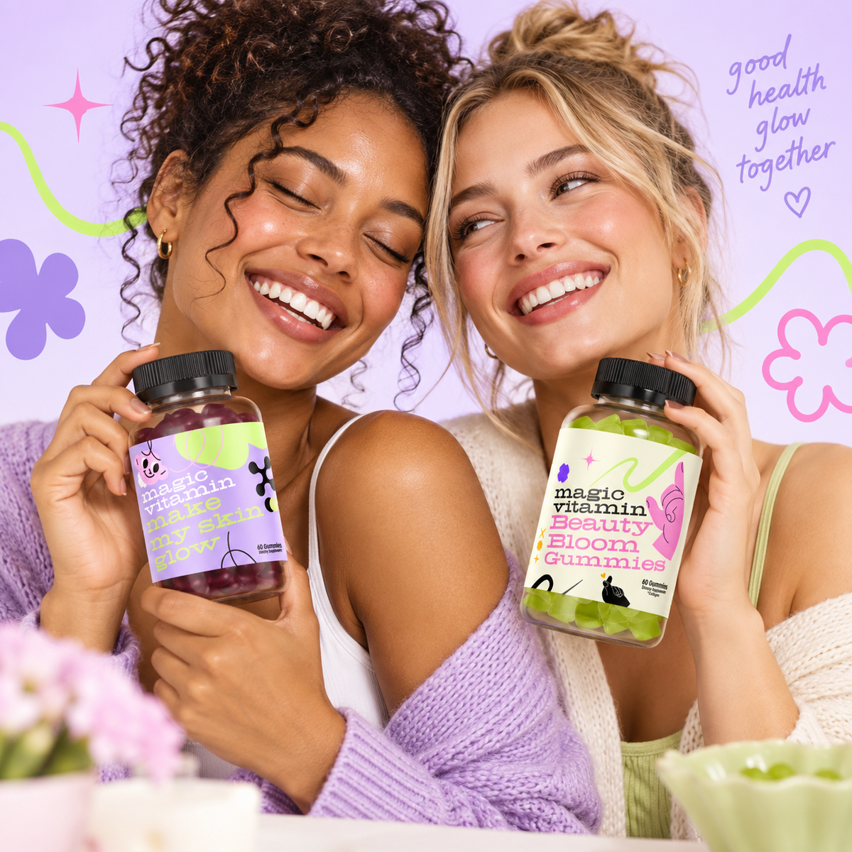 Two women holding Magic Vitamin skin glow and collagen gummies