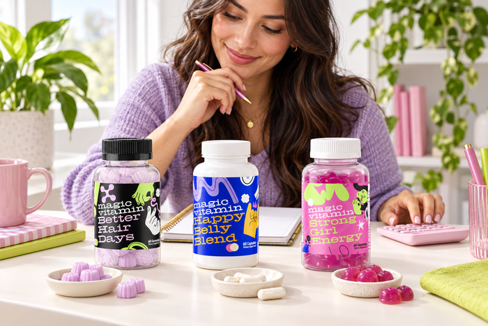 Woman comparing Magic Vitamin Better Hair Days, Happy Belly Blend and Strong Girl Energy