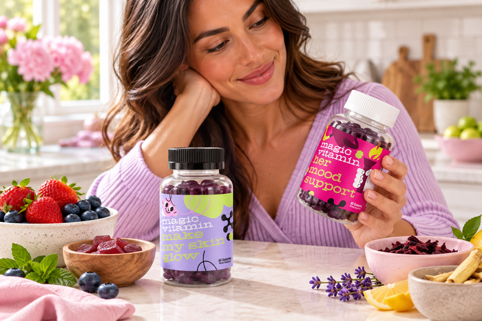 Woman reading Magic Vitamin Her Mood Support beside Make My Skin Glow