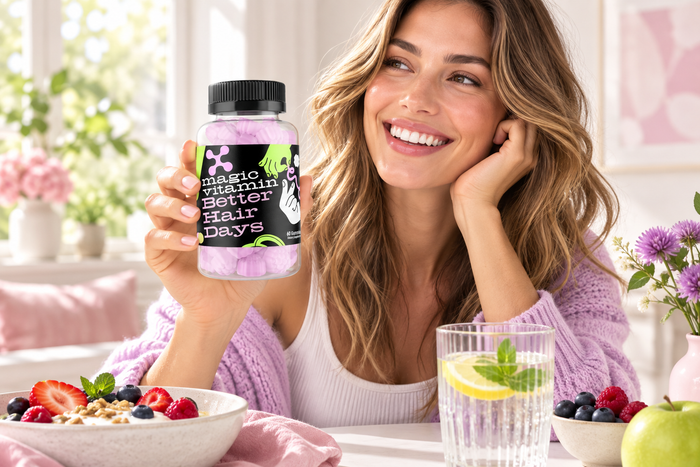 Woman holding Magic Vitamin Better Hair Days with breakfast and water