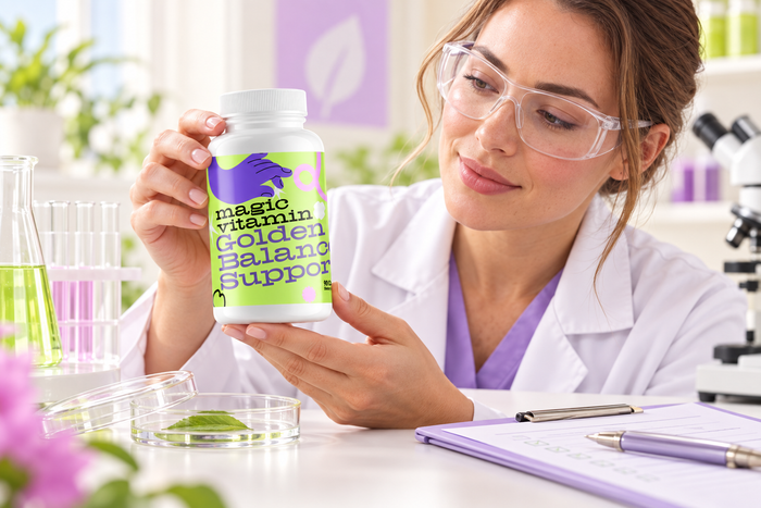 Quality specialist examining Magic Vitamin Golden Balance Support