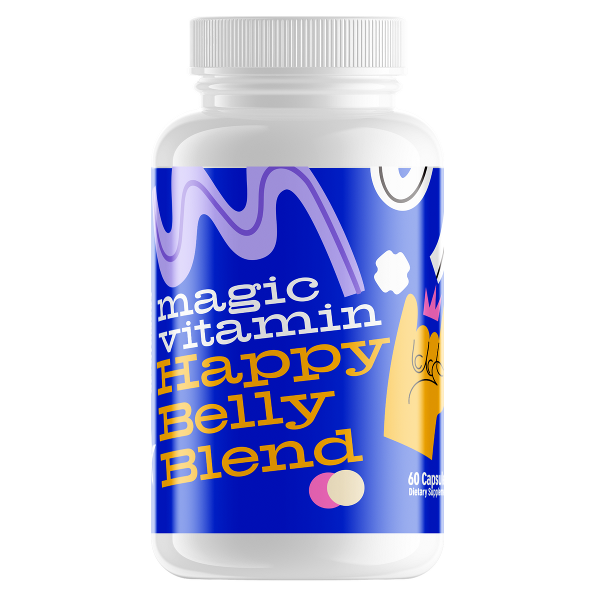 Happy Belly Blend 40 billion CFU probiotic and prebiotic supplement bottle by Magic Vitamin