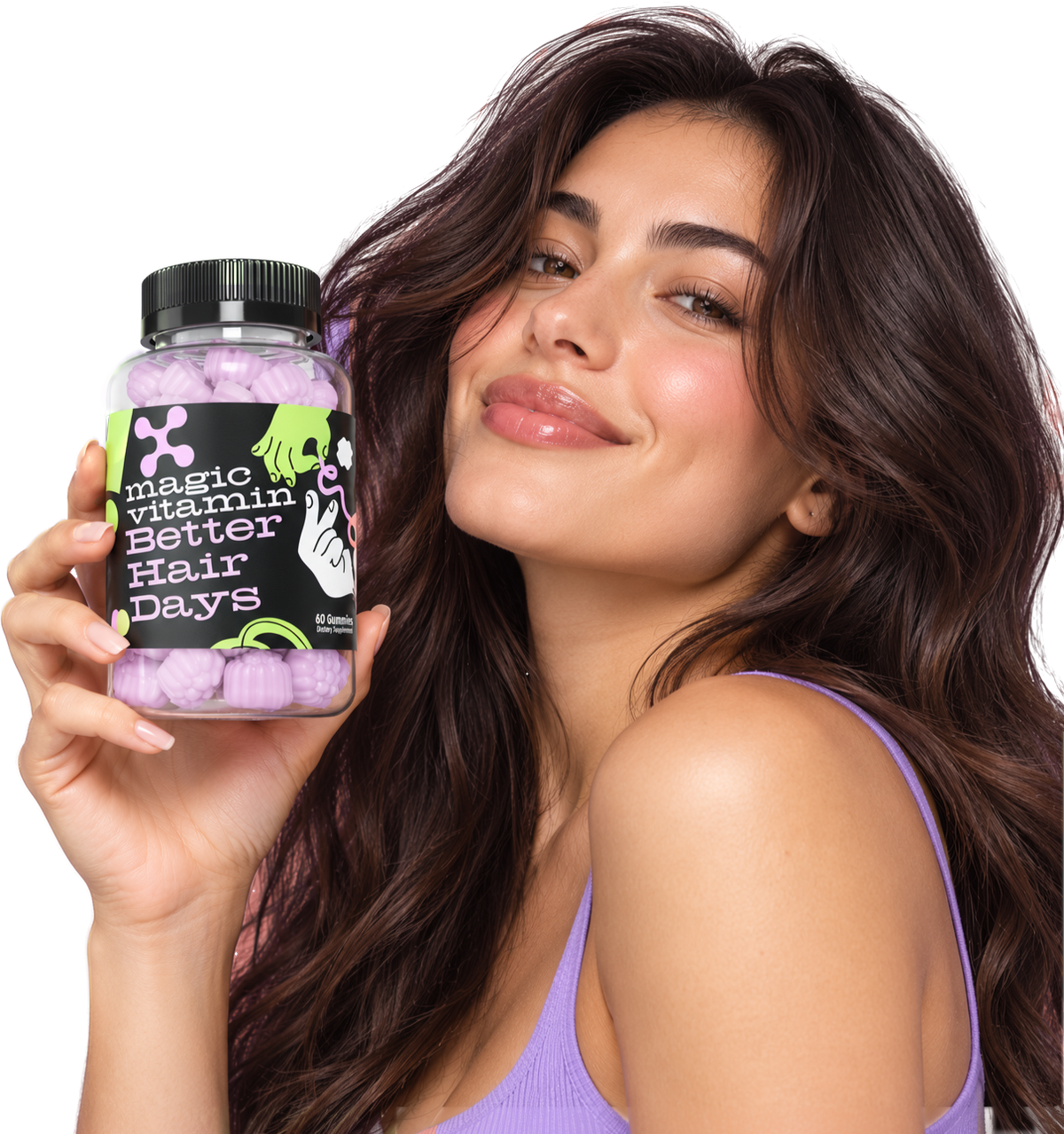 Smiling woman holding a bottle of Magic Vitamin Better Hair Days gummies